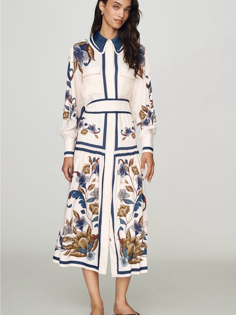 FARM Rio Cream Midi Shirt Dress with Navy Floral Trim